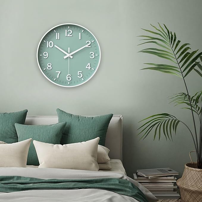 HZDHCLH 12 Inch Silent Wall Clock Battery Operated Non Ticking Mint Green | 12 inch Wall Clock Silent Non Ticking Modern 3D Numbers for Kitchen Bedroom Living Room Office Classroom Decor