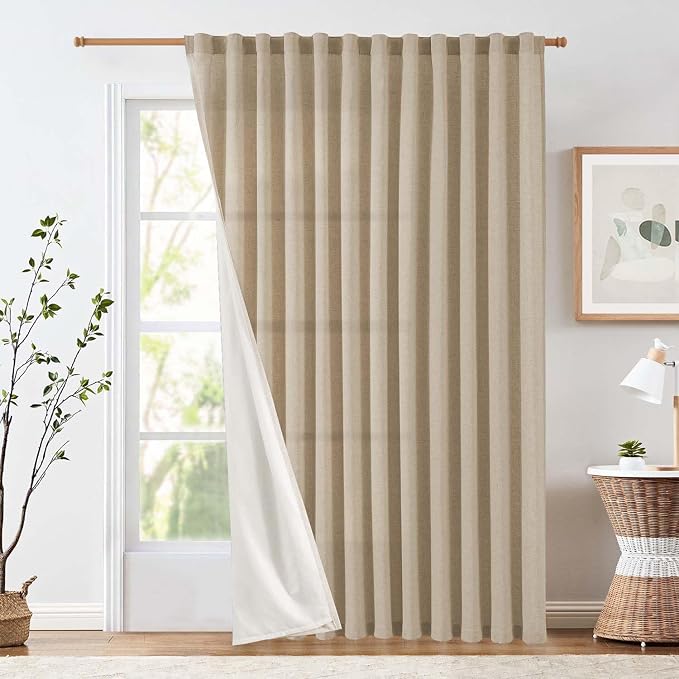 jinchan Lined Linen Curtains Extra Wide Back Tab 100x84 Inch 1 Panel Taupe | Light Filtering Curtains with White Privacy Liner, Cottage Core Farmhouse Curtains for Living Room, Rod Pocket 84 Inch Length
