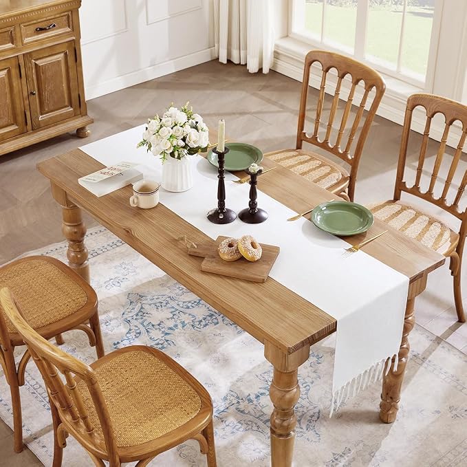 Cotton Linen Table Runner, 13x108 Inch, White with Hand Tassels | Linen Style Rustic Farmhouse Table Runners 108 Inches Long for Home Dresser Kitchen Dining Table Decor, Machine Wash