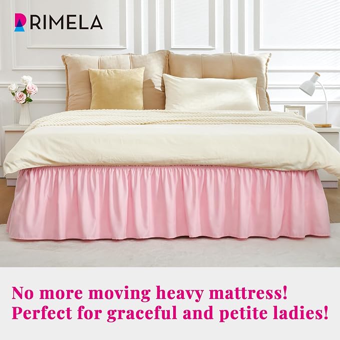 RIMELA Pink Bed Skirt Queen Size 18 Inch Drop, Elastic Bed Skirting for Bed Base and Frame, Bedding Dust Ruffle Easy to Install, Lightweight Wrap Around Adjustable Bedskirt | Solid Ruffled, Easy to Use, No Mattress Lifting, Wrinkle & Fade Resistant, wi...