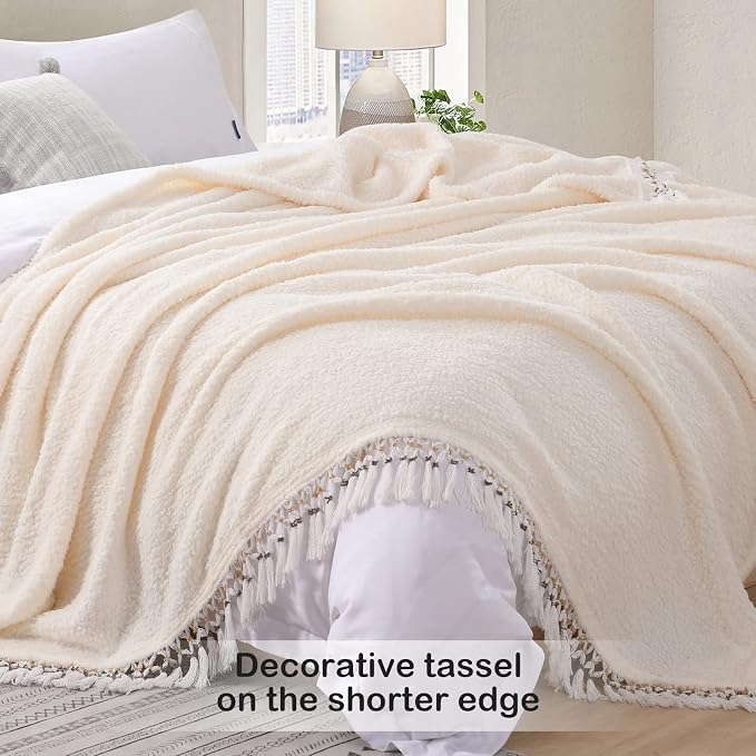 Ultra Soft Fleece Sherpa Blanket King Size,Lightweight Cozy Boho Bed Blanket with Decorative Tassel, Pattern Reversible, Antique White,104”x90”