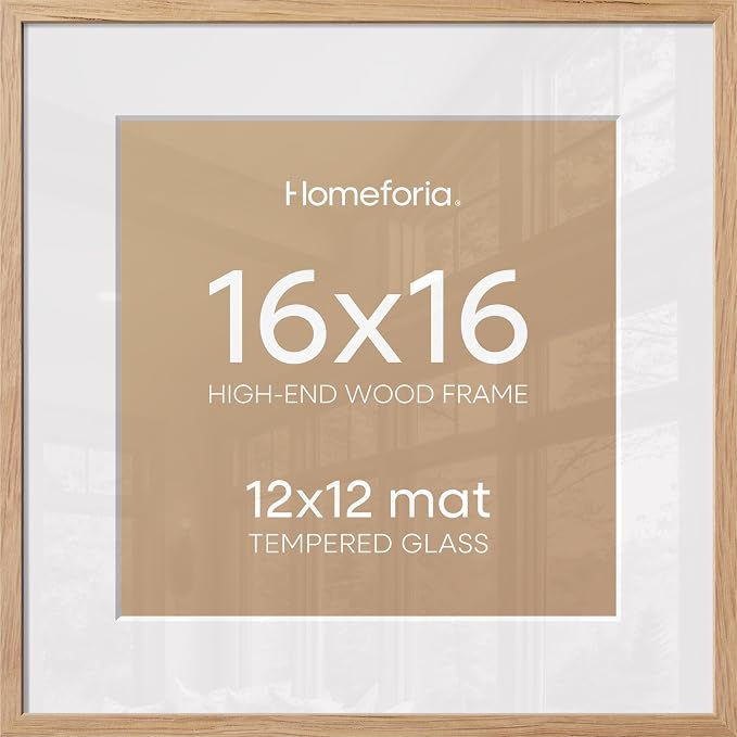 Homeforia 16x16 Natural Oak Picture Frame, High-End Wood, 12x12 Mat, Glass