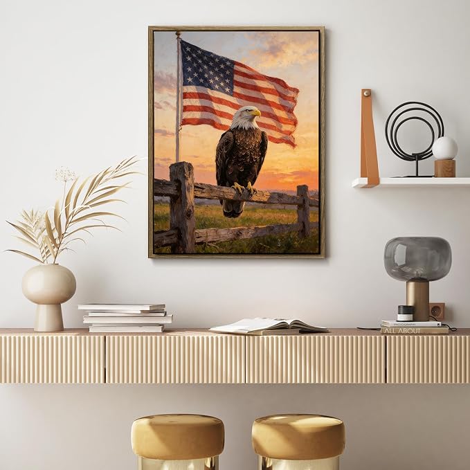 American Flag Framed Canvas Wall Art, 4th of July Patriotic Canvas Prints | USA Flag with Bald Eagle Poster Print, Vintage Independence Day Wall Decor for Bedroom Living Room 24×32in