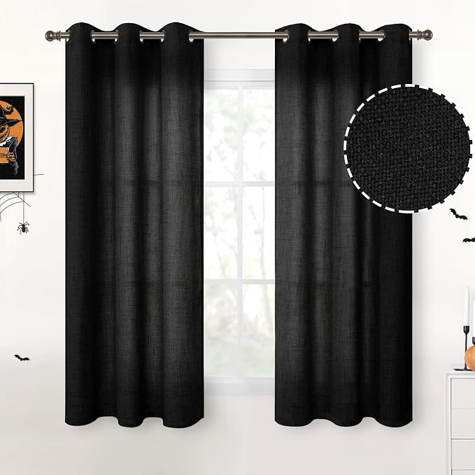 YoungsTex Short Black Linen Semi Sheer Curtains 45 Inch Length 2 Panels | Light Filtering Drapes with Bronze Grommet Privacy Helloween Decor for Bathroom Living Room Window, 42 x 45 Inch
