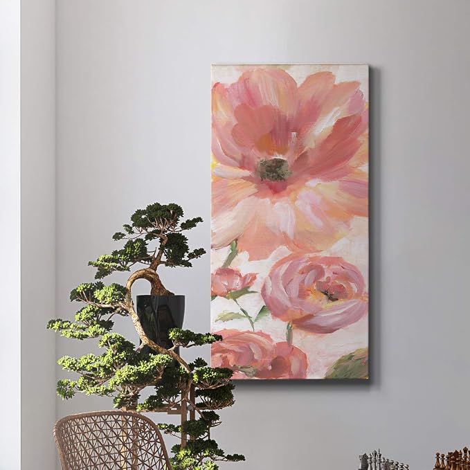 Renditions Gallery Canvas Floral Wall Art Modern Paintings & Prints Decorations Pink Blooming Flowers Romantic Glam Vibrant Wall Hanging Artwork for Bedroom Office Kitchen - 20"x40" LT43