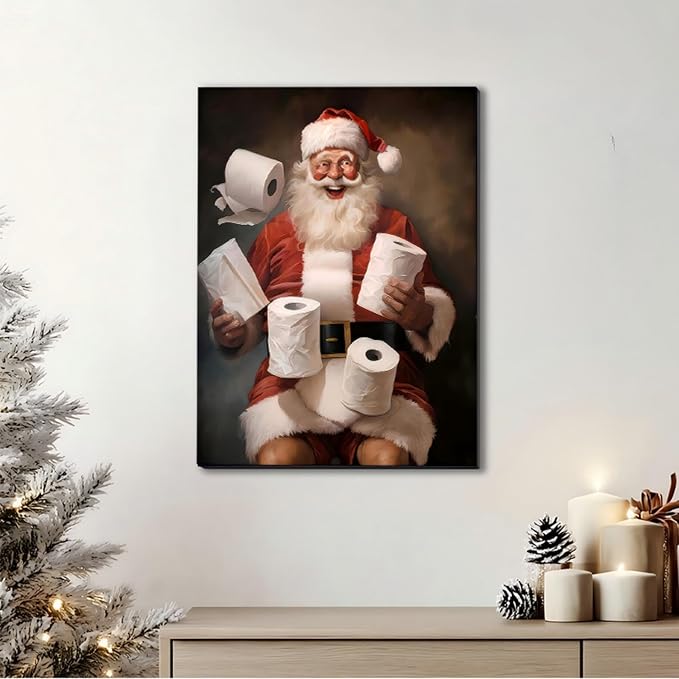 FLZYKGPA Funny Christmas Santa Bathroom Wall Art Prints 12x18in, Winter Christmas Santa Claus Posters Pictures Wall Decor for Shower Room Bathroom Washroom, Framed Ready to Hang