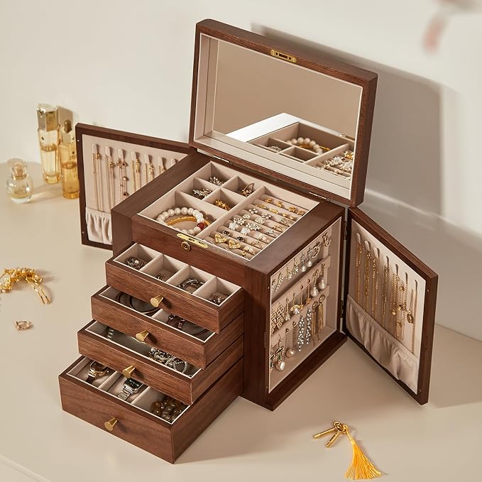 Black Walnut Wooden Jewelry Box for Women, 5 Layer | With Mirror, Lockable Top Lid, Velvet-Lined, Large Wood Jewelry Organizer For Watch Necklace Ring Earring, Gift