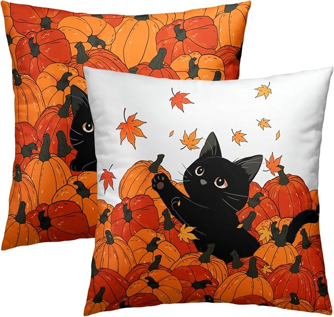 Fall Black Cat Throw Pillow Cover 20X20 Inch Set of 2 Autumn Pumpkins Maple Leaves Outdoor Pillow Cases Thanksgiving Harvest Farmhouse Square Cushion Cover for Sofa Porch Patio Home Decoration