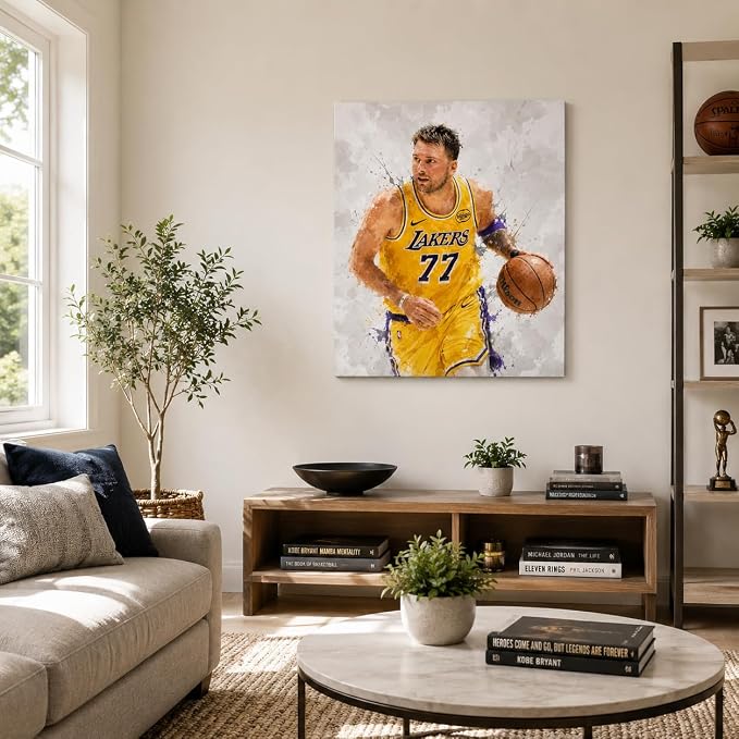 Luka Dončić-LAL Basketball Canvas Wall Art, Sports Player Poster, 24x30 | Abstract splash ink athletic artwork, motivational sports wall decor for teen boys room, bedroom, living room, gym or office