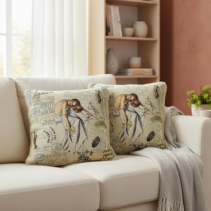 Tache Tapestry Throw Pillow Covers 18x18 Decorative Boho Farmhouse Decor Square Vintage French Parisian Model Couch Accent Cushion Cover 2 Pieces