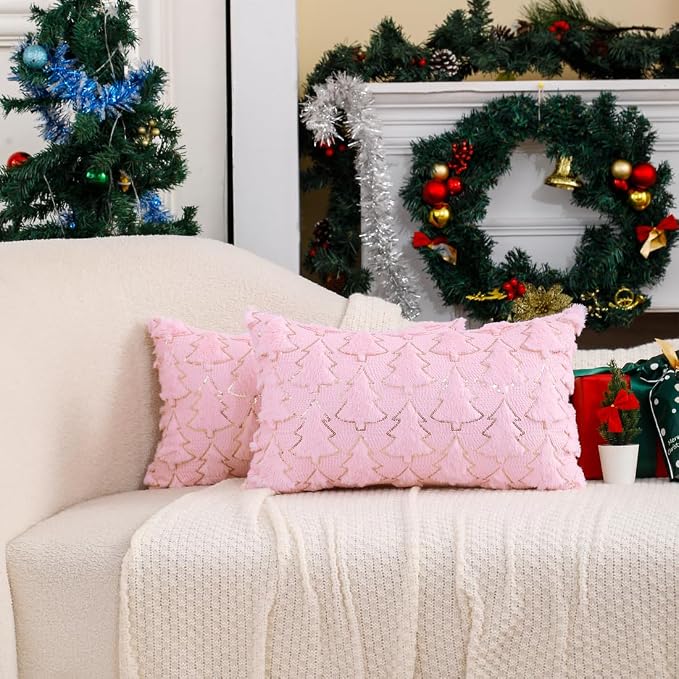 VAKADO 12x20 Set of 2 Christmas Throw Pillow Covers Embroidered Decorative Xmas Cushion Cases Holiday Soft Home Decor for Bedroom Sofa Chair Porch Winter, Pink