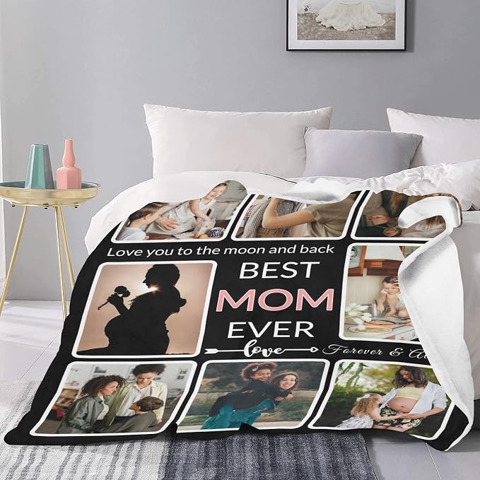 Gifts for Mom Custom Blanket with Photo, Make a Personalized Mother's Day Blankets with Picture Customized Mothers Day Throw Blanket for Best Mom Ever, 8 Collage Made in USA