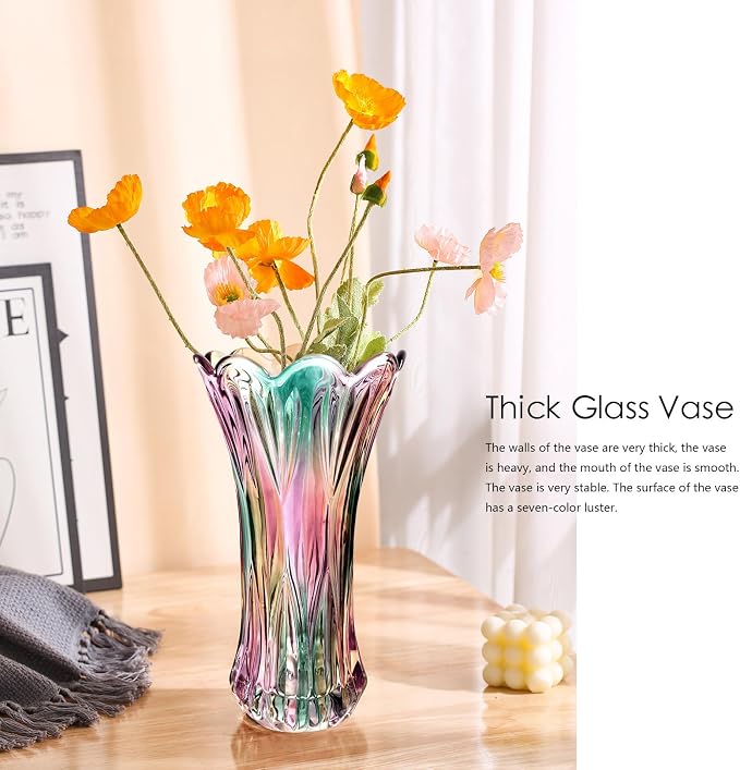 Glass Colorful Vase,Glass Flower Vase Decor for Home Dining Table Living Room,Office Wedding Holiday Party,Handmade Pattern(Phoenix Tail Style)