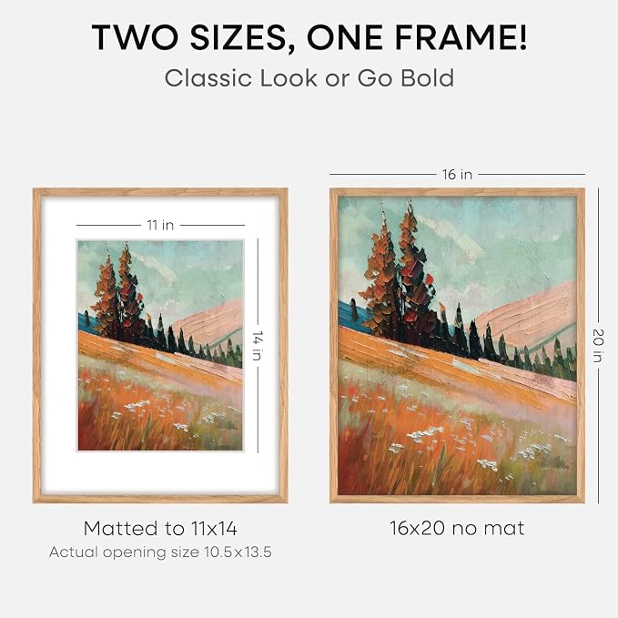 Homeforia 16x20 Natural Oak Picture Frame, High-End Wood, 11x14 Mat, Glass