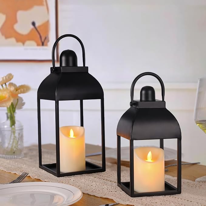 Lanterns Decorative Indoor 15" 11" Set of 2 Black Metal Lantern with Candle | Glass-free Decorative Lanterns with Candles and Remote Control, Outdoor Lanterns for Porch Patio Wedding Mantle Home Decor