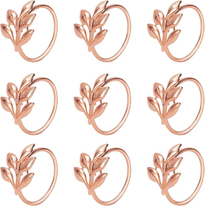 KPOSIYA Set of 6 Leaf Napkin Rings Metal Gold Napkin Holder Table Napkin Rings for Thanksgiving Day Christmas Dinning Table Parties Everyday (Ye Zi-Rose Gold 6)