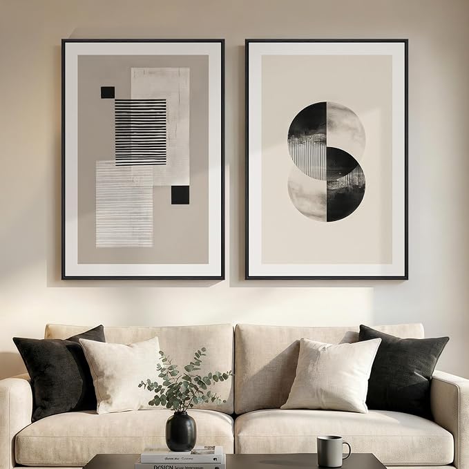 Large Framed Neutral Abstract Wall Art for Living Room Set of 2, 24x36 In | Geometric, Canvas prints, Modern paintings, Black and White, Beige, Minimalist pictures, Wood frame, Bedroom wall decor