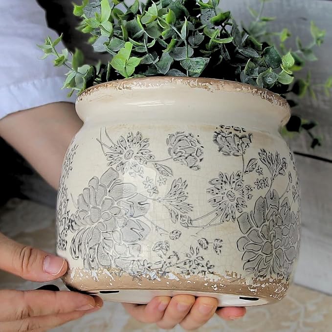Modern Farmhouse Ceramic Planter & Vase with Drainage for Indoor Plants | 6.29" Vintage Distressed Plant Pot, Rosemary & Succulent Pots, Decorative Pottery Vase, Office Balcony Decor, Gift (Gray)