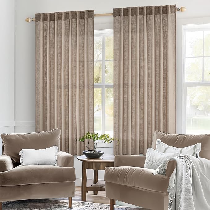 MIULEE Taupe Linen Curtains 42x63 Inch Length 2 Panels for Bedroom | Window Drapes for Living Room, Soft Thick Linen Textured, Semi Sheer Light Filtering, Back Tab Rod Pocket, Burlap Look Decor