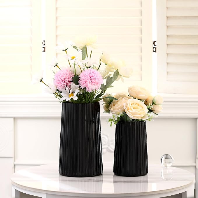 Ribbed Flower Vases Set of 2, Black Vases for Flowers, Flower Vase for Bouquet, Modern Ribbed Glass Vase for Living Room, Bedroom, Dining Table, Office, Wedding, Centerpieces
