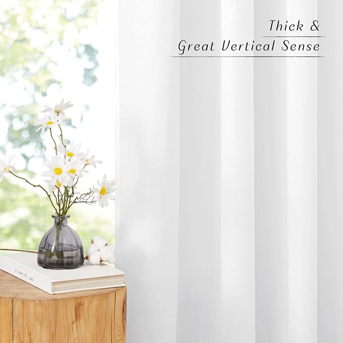 NICETOWN Linen White Curtains for Living Room, Rod Pocket & Back Tab Flax Linen Window Treatments Privacy Added with Light Filtering Drapes for Bedroom/Nursery, W55 x L95, 2 Panels