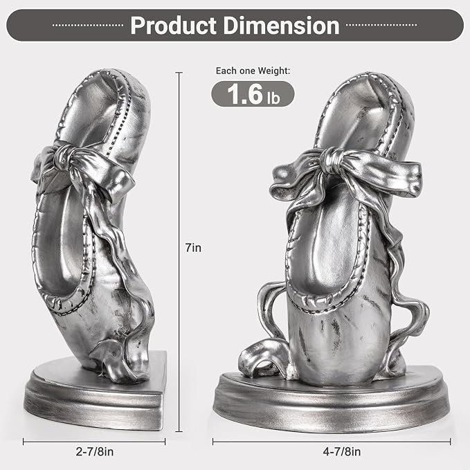 Bookends for Shelves, Ballet Slipper Decorative Bookends - Book Ends with Anti-Slip Pad for Book Lovers Dancers Heavy Book Holder for Home Office Decor (Silver)