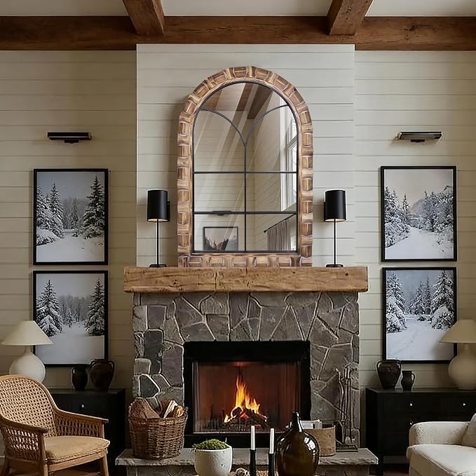 36x24 Inch Arched Window Pane Wall Mirror | Rustic Farmhouse Solid Wood Decorative Mirror for for Living Room, Bedroom, Entryway & Bathroom