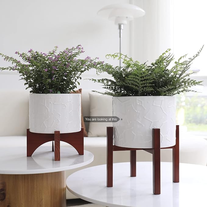 LA JOLIE MUSE Ceramic Pot for Plants, 10 Inch Indoor Planter with Stand | Decorative Plant Pot with Wood Stand and Drainage Hole, Flower Pots for Indoor Plants, Living room, Bedroom, Home Decor