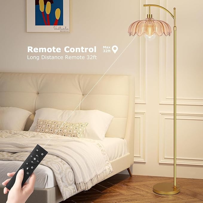 Vintage Floor Lamps for Living Room Glass Floor Lamp with Remote Control & 3 Color Temperature,Dimmable Floor Lamp Gold Mid Century Modern Standing Lamp Brass Tall Floor Lamps for Bedroom Corner