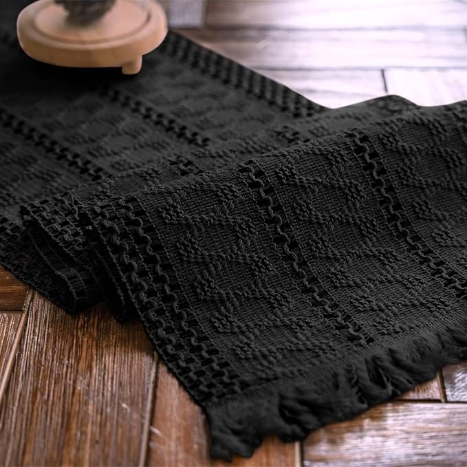 Macrame Table Runner Pure Black Boho Table Runners with Tassels 12x36in | Alynsehom Hand Woven Cotton Table Runner Rustic Farmhouse Table Runners for Bohemian Kitchen Dining Table
