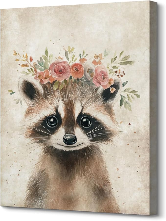 Cute Raccoon Print Wall Art Decor Retro Animal Portrait Poster Funny Raccoon with Wreath Picture Painting Farmhouse Woodland Animal Artwork for Baby Room Nursery Home Office Decoration 12x16inch