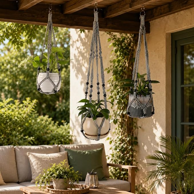 Macrame Plant Hangers with Beads for Indoor and Outdoor, 3 Pack