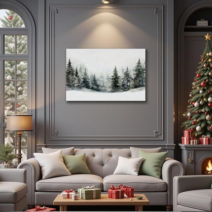 Framed Christmas Wall Art 8x12 inch, Pine Tree Artwork Christmas Decoration Indoor, Rustic Landscape Snow Winter Forest Painting Canvas Print Wall Picture for Living Room Decor