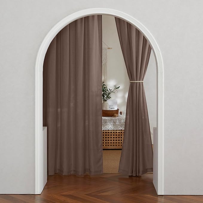 RYB HOME Linen Sheer Curtains 2 Panels for Living Room, Semi Transparent Privacy Drapes with Rod Pocket Farmhouse Style Window Treatments for Bedroom, Brown, 52" W x 102" L