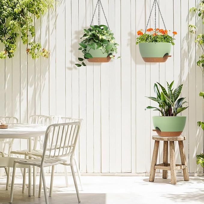 3 Pack 10 Hanging Flower Pots with Chains Self Watering Plastic Planters for Indoor Outdoor Plants, Sturdy Triangular Iron Chain Design for Garden PorchPlastic hanging flower pots (3, Green Brown)