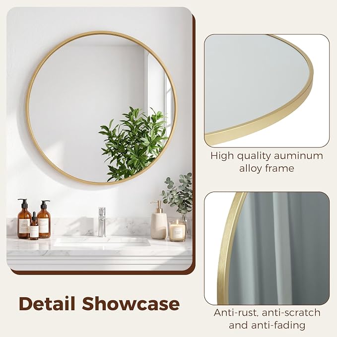 Sweetcrispy 30 Inch Round Wall Mirror, Bathroom Mirrors for Over Sink | Matte Metal Framed, Wall Decor for Bedroom, Entryway, Anti-Rust, Tempered Glass, Hanging or Leaning, Gold