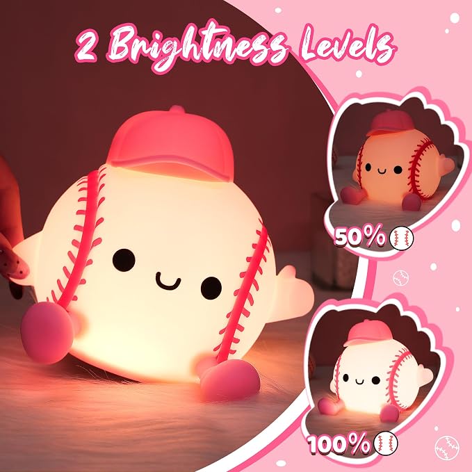 Attivolife Softball Night Light for Girls, Silicone LED Touch Lamp Rechargeable Nursery Bedroom Bedside Decor, Birthday Valentine's Day Gifts for Kid Girl Women Sport Lover