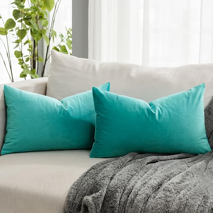 Turquoise Decorative Lumbar Velvet Throw Pillow Covers 12x20 inch Set of 2 with Zipper Luxury Soft Solid Rectangle Cushion Covers Case for Sofa Couch Bed Living Room