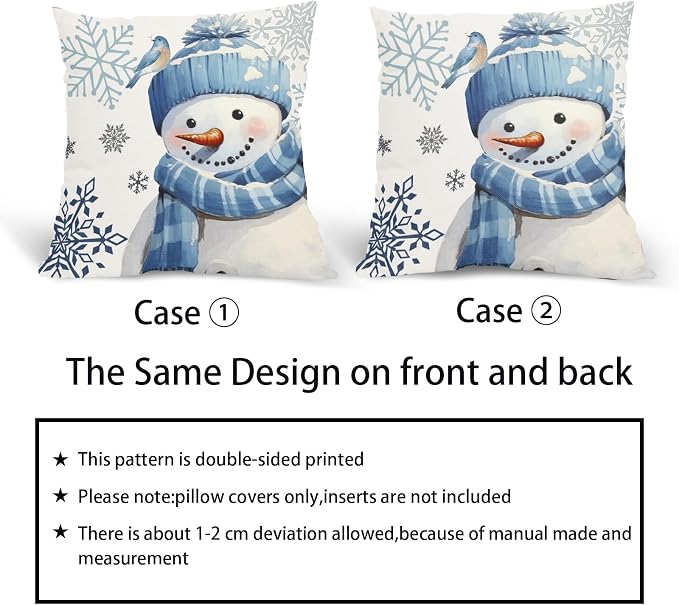 Kawani Winter Snowman Snowflake Pillow Covers 18x18 Inch Blue Christmas Throw Pillow Covers Set of 2 Xmas Winter Holiday Pillowcases Cotton Linen Cushion Covers for Couch Home Decor