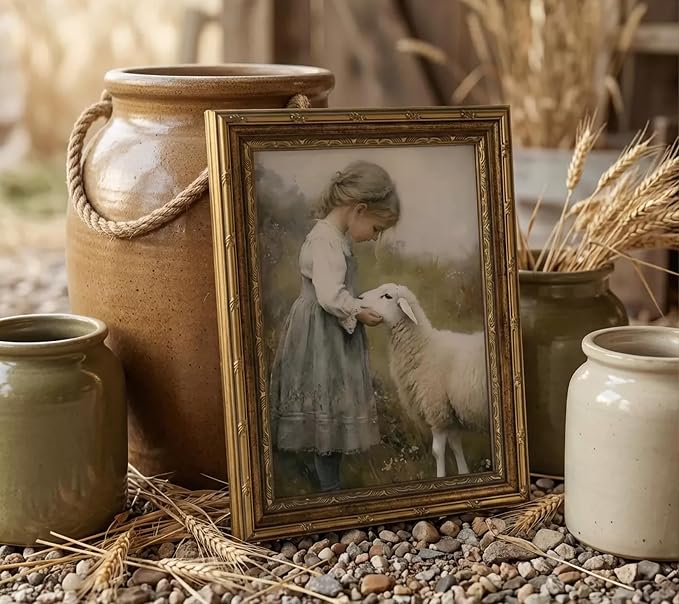 Gold Framed Vintage Aesthetic Girl With Sheep Wall Art Rustic Farmhouse Print Poster Artwork Sheep Cottagecore Wall Decor for Living Room Bedroom Bathroom Decoration 12x16in