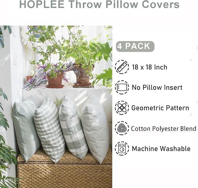 HOPLEE Farmhouse Sage Green Pillow Covers 18x18 Cushion Cover with Buffalo Plaid, Solid Sage Green, Striped and Gingham Plaid Design 18x18 inch,4 Pack
