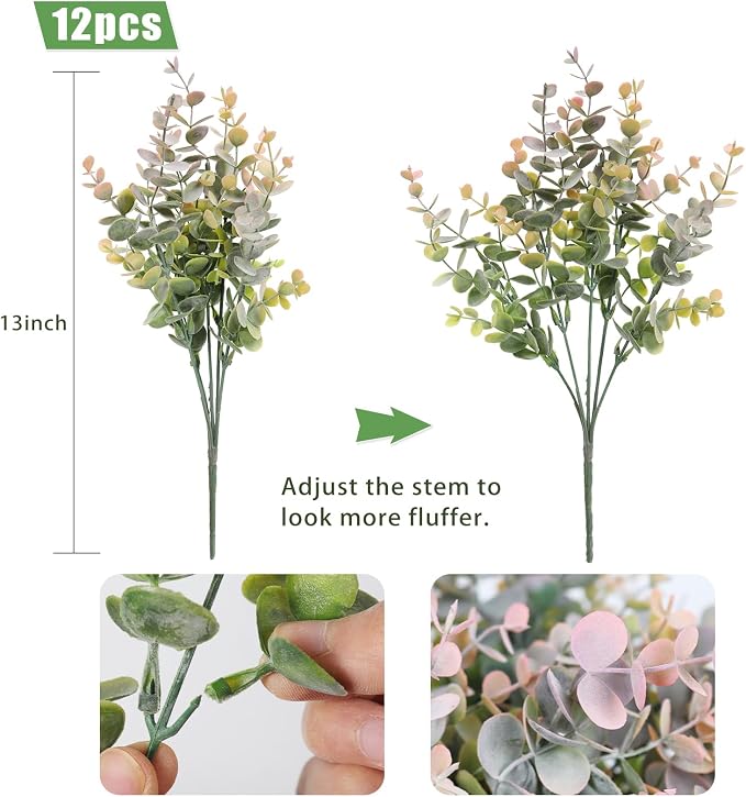 RECUTMS 12Bundles Artificial Eucalyptus Greenery Plant Stem 13In Dusty Pink | Plastic Boxwood Shrubs Branches,No Maintenance,Long-term Reuse,Table Arrangement,Farmhouse Garden Vase Outdoor Planter Decor