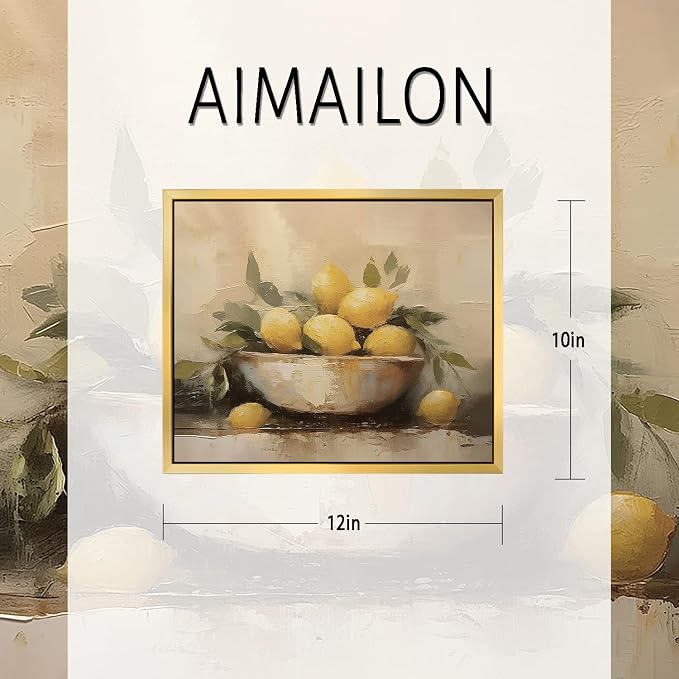AIMAILON Framed Yellow Lemon With Leaf Pattern, Static Plant Artwork 8x10 | golden frame, expressive brushstrokes, easy to hang, kitchen decoration
