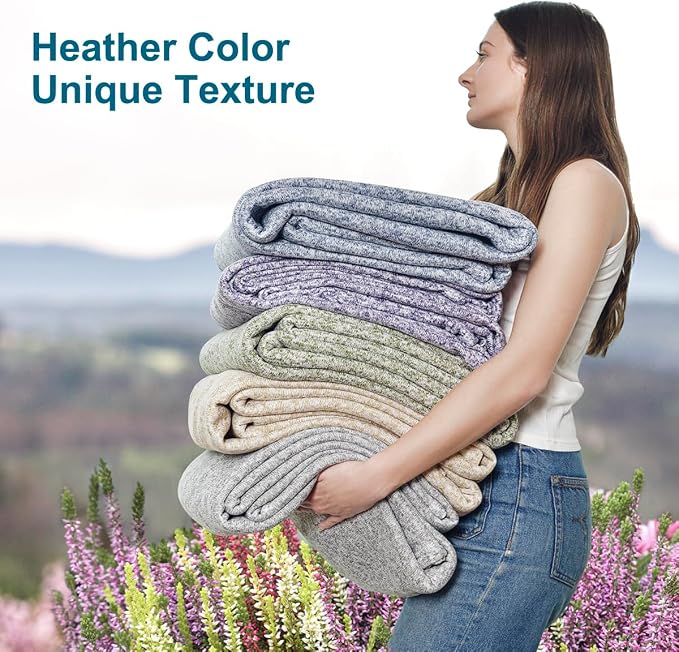KAWAHOME Summer Sweatshirt Blanket for Bed Lightweight Soft Thin, 71" × 79" | Breathable Jersey Blankets for Hot Sleepers in Air-Conditioned Room, Home Decor Holiday Gift, Heather Blue