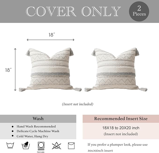 BlissBlush Gray Decorative Throw Pillow Covers 18X18 Combo Set of 2 Square Boho Neutral Grey Accent Pillowcase Tassels Farmhouse Cushion for Couch Sofa Bedroom Living Room Home Décor Cover ONLY