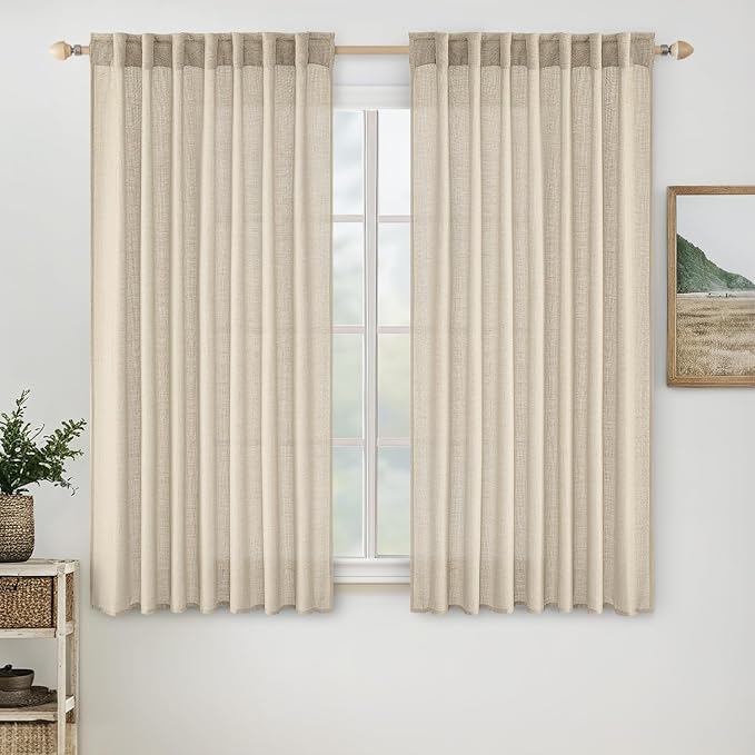 MIULEE Short Linen Curtains 52x45 Inch Length 2 Panels for Kitchen Bedroom | Bathroom, Soft Thick Linen Textured Back Tab Window Drapes, Semi Sheer Light Filtering, Rod Pocket, Modern Farmhouse Decor