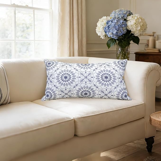 Slow Cow Embroidery Decorative Lumbar Throw Pillow Cover for Couch Sofa Bedroom Geometric Flower Pattern Cushion Cover 12 x 24 Inches Navy Blue
