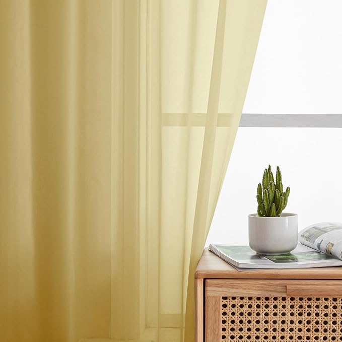 Simplebrand Yellow Sheer Curtains 96 Inches Long, Light Filtering Rod Pocket Solid Color Window Sheer Curtain Panels, Elegant Curtains & Drapes for Living Room, Bedroom 2 Panels, 42" W x 96" L