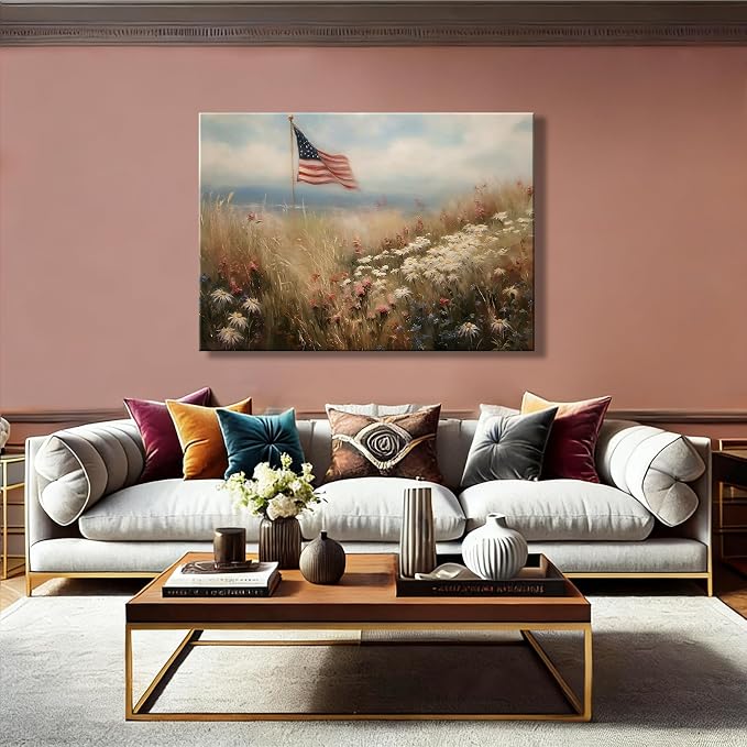 RIBNTAK Vintage American Flag Canvas Wall Art, Rustic Field Landscape Artwork Print for 4th of July Decorations, Patriotic Decor Collection Perfect for Independence Day Bedroom Home Decor