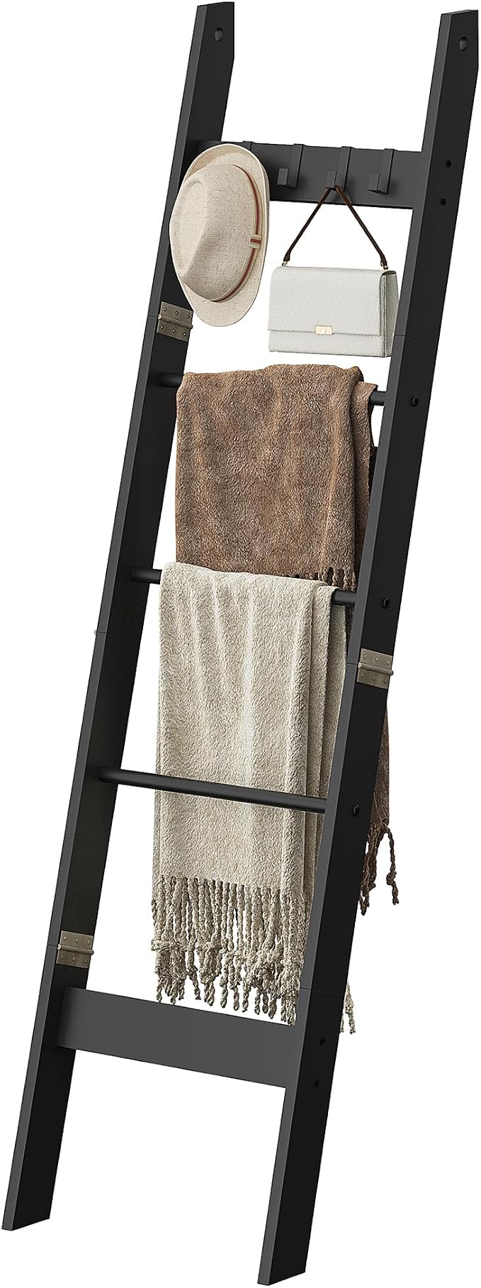 Hzuaneri Blanket Ladder Decorative Quilt Rack with 4 Removable Hooks | 5-Tier Farmhouse Ladder Holder Shelf Organizer for Living Room Bedroom, Black BR02104B